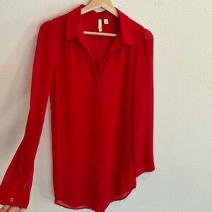 Frenchi Red Semi-Sheer long Button-Front Blouse